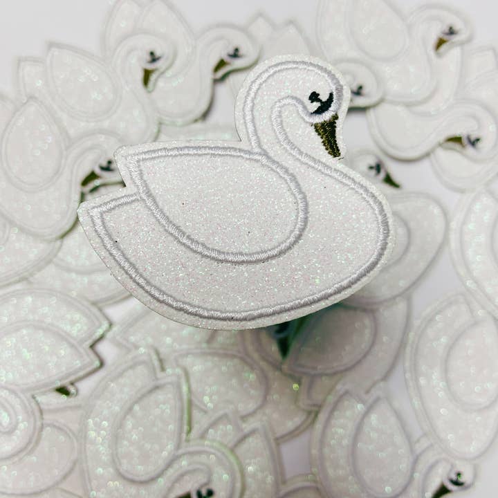2" Swan in White Glitter - Embroidered Hat Patch for wholesale by TEELUX