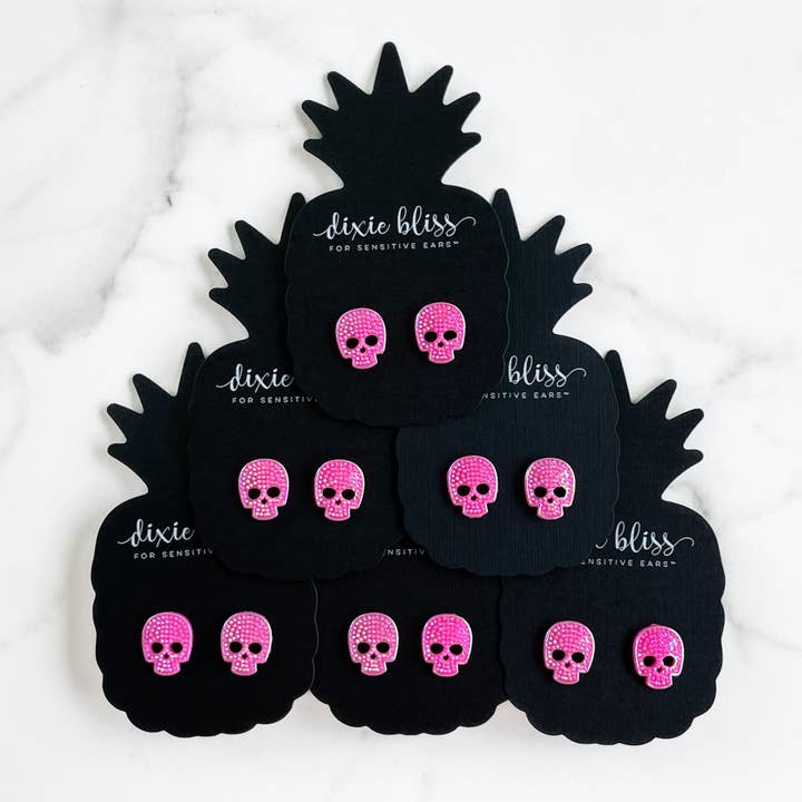 Dixie Bliss - Wholesale Stud/Post Earrings - Studded Skulls in Bubblegum Shimmer1