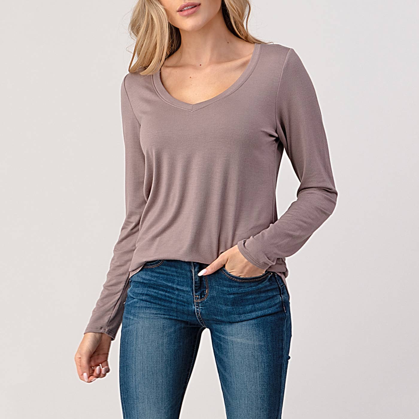 Heimious - Wholesale T-Shirt - Women's - Modal Long Sleeve V-neck Relaxed Fit T-shirt, T24930