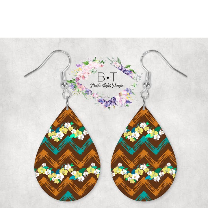 Brooke Taylor Designs - Wholesale Dangle Earrings - Brown & Turquoise Chevron with Flowers, Earrings
