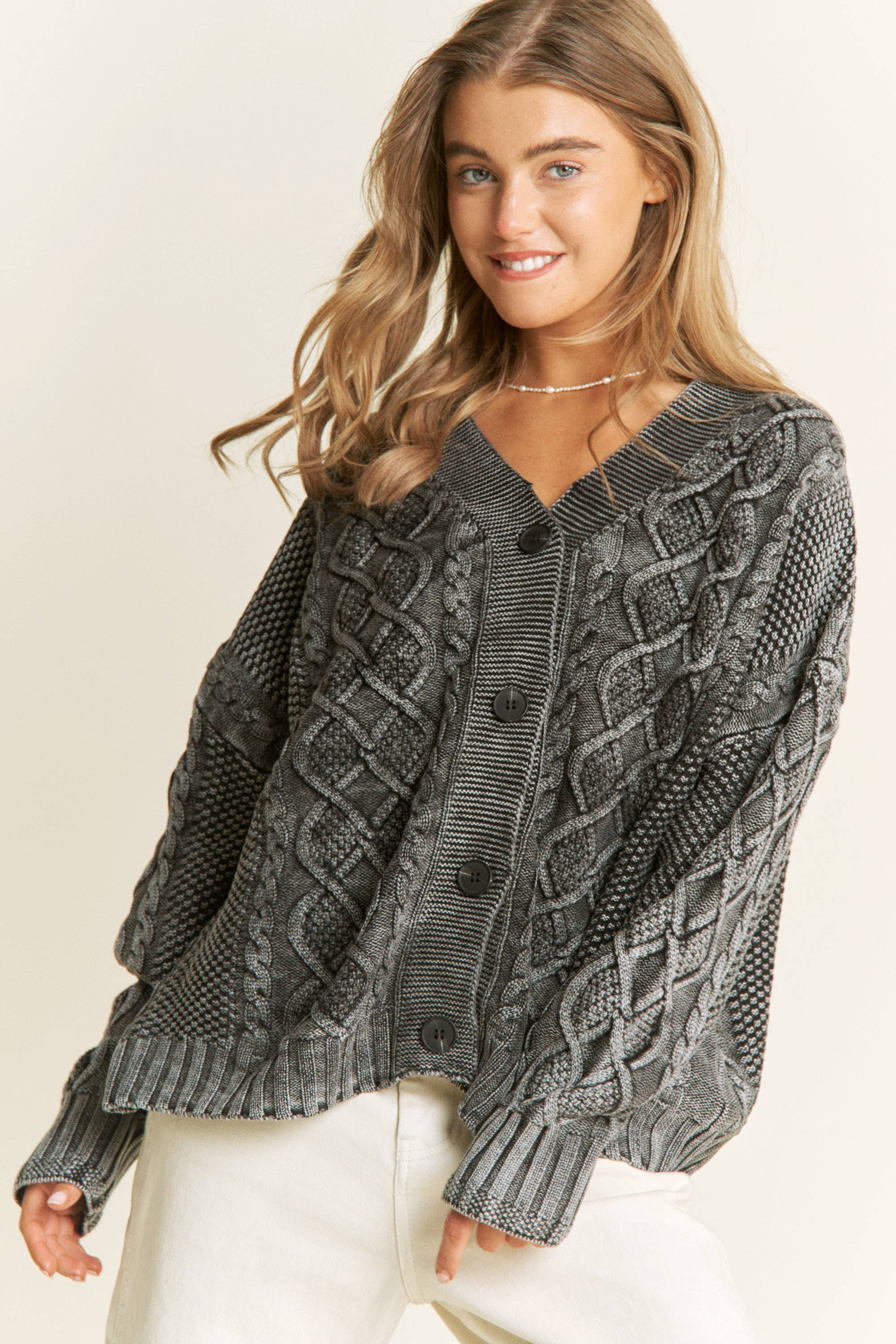 Sweet Generis - Wholesale Cardigan - Women's - WASHED VINTAGE CABLE KNIT CARDIGAN14