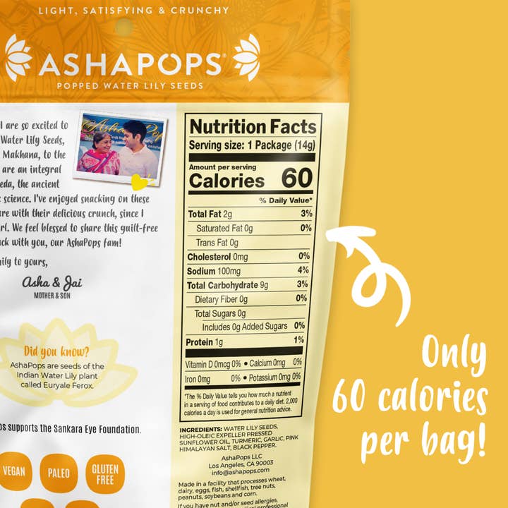 AshaPops - Wholesale Puffed Snack - 0.5oz Turmeric Garlic - AshaPops Popped Water Lily Seeds