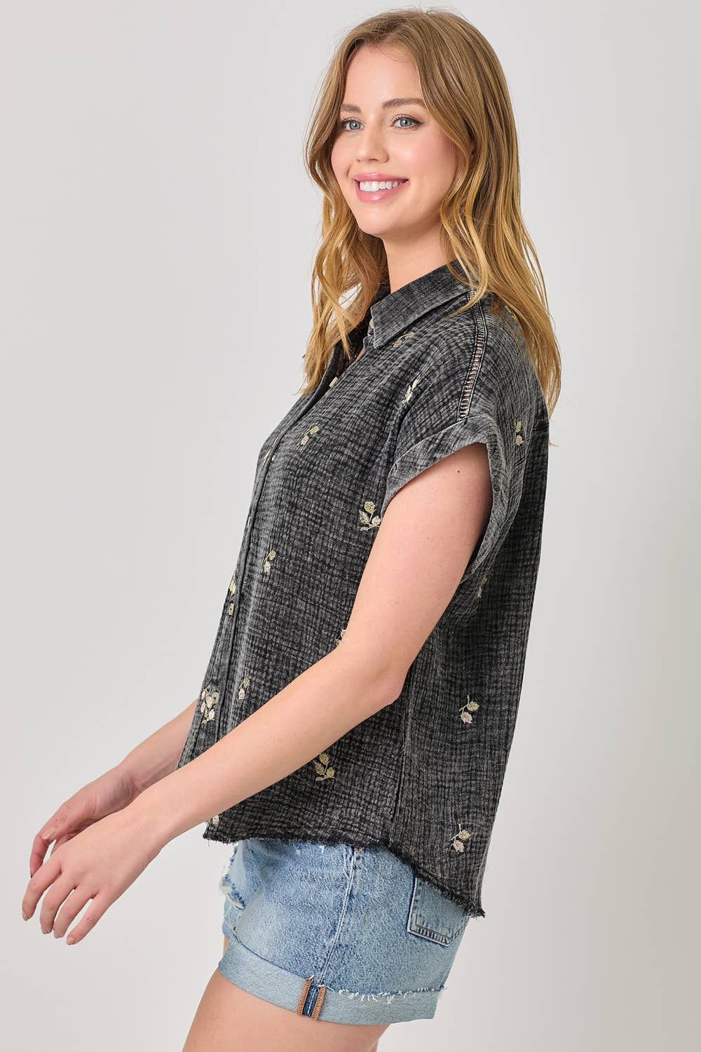 Mystree - Vente Chemise à col boutonné – femme - Haut brodé lavé 6095831