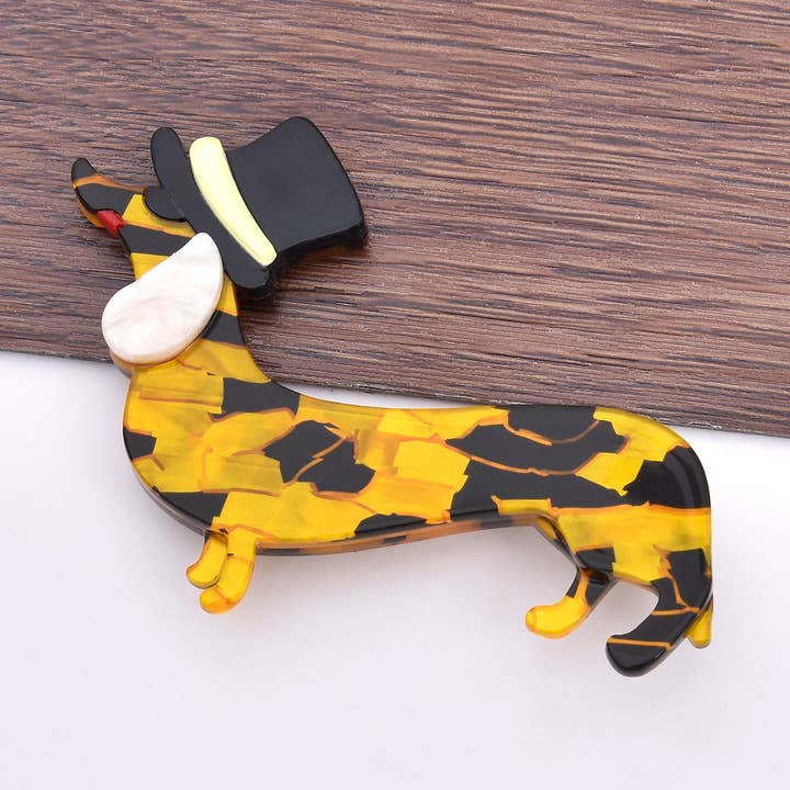 Playful Top Hat & Bowtie Dachshund Acrylic Puppy Brooch for wholesale by Tourtiwi