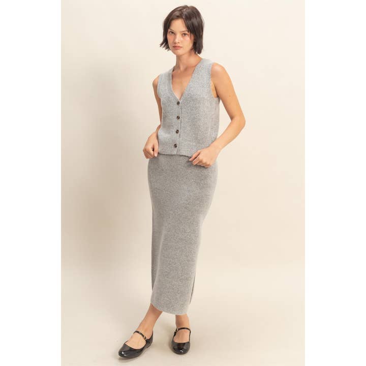 Double Zero - Wholesale Top & Skirt Set - Women's - Button Front Vest & Midi Skirt Knit Set24