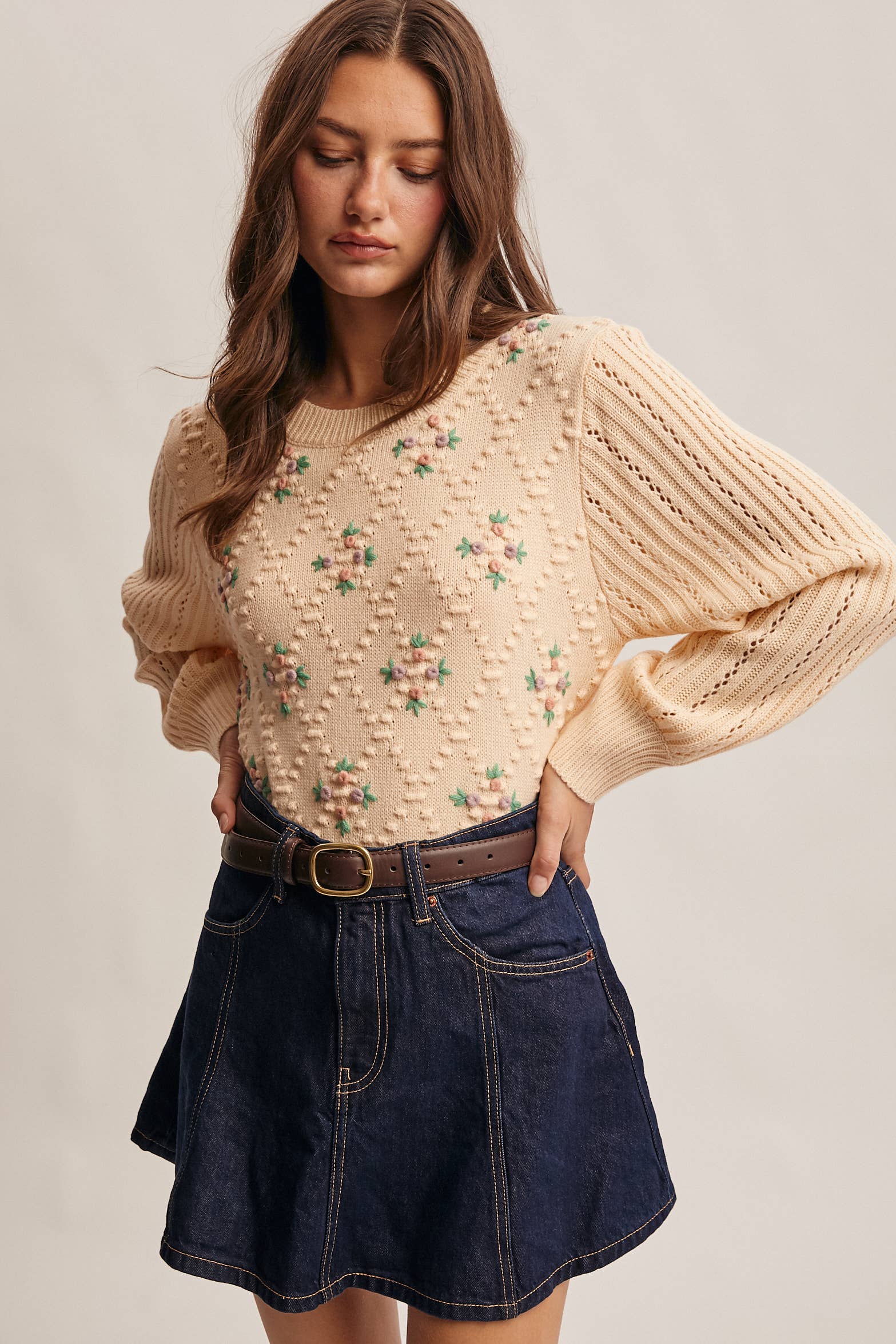 Forte - Venta al por mayor Jersey de punto - Mujer - Jersey de Punto con Mangas Abullonadas Bordadas FSW000737