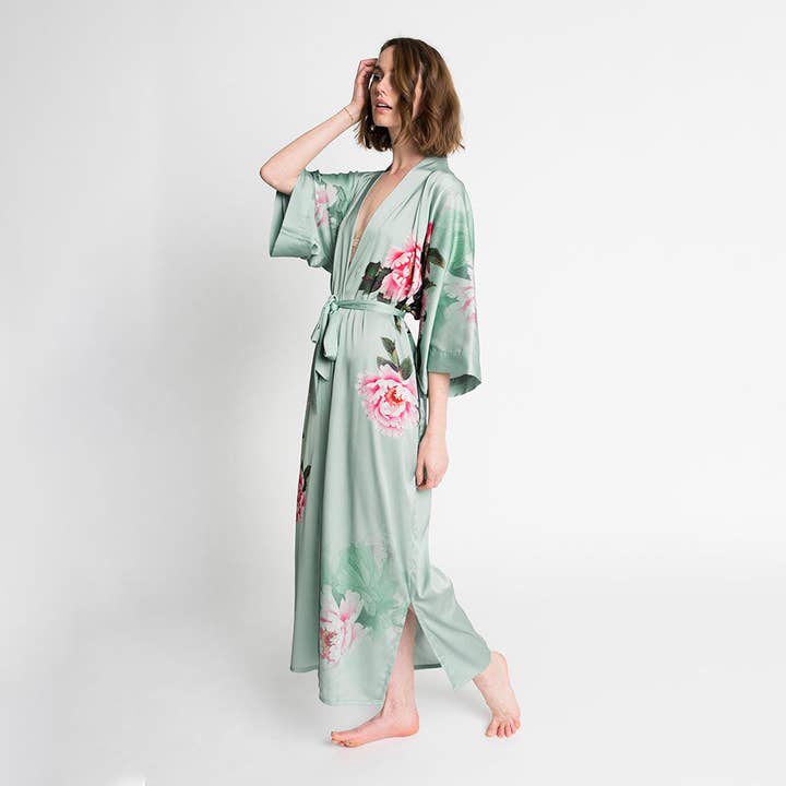Peony & Bird Long Kimono Robe for wholesale by KIM+ONO