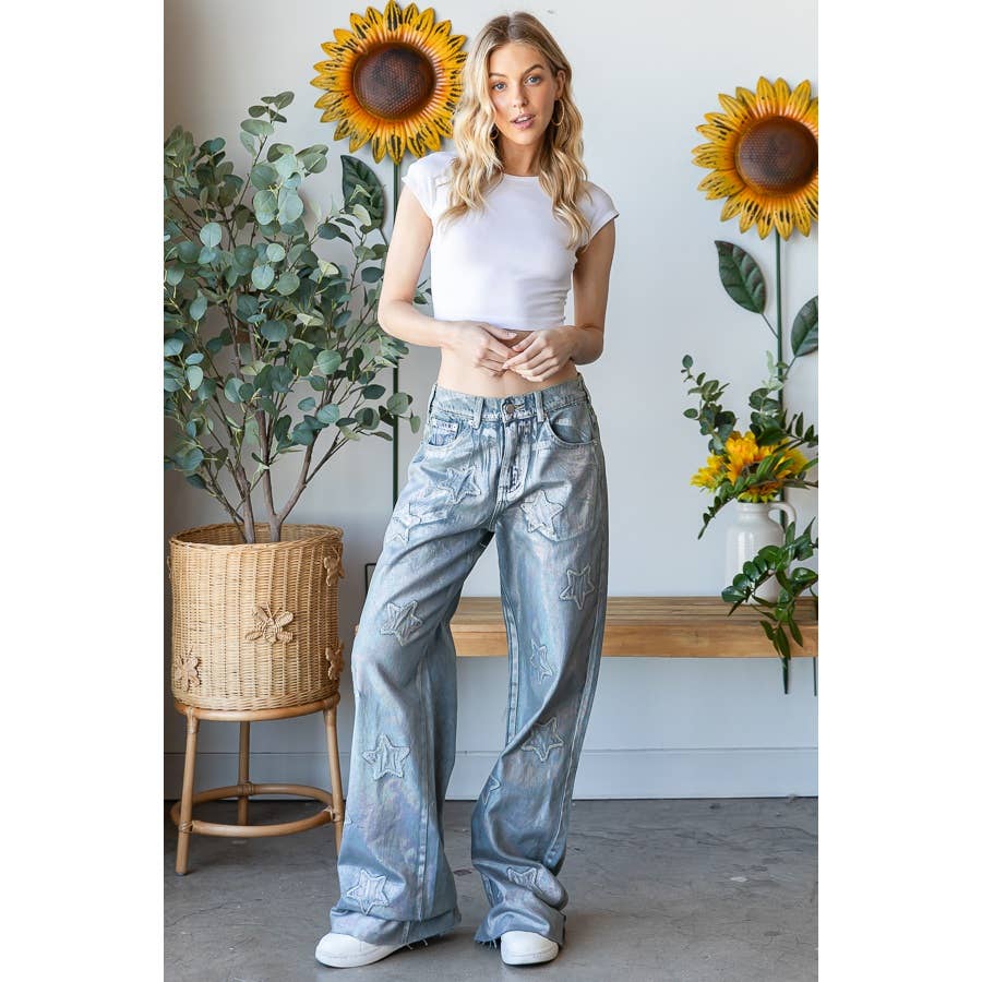 WASHED FOIL LOVE PATCHWORK DENIM JEANS for wholesale on Faire1