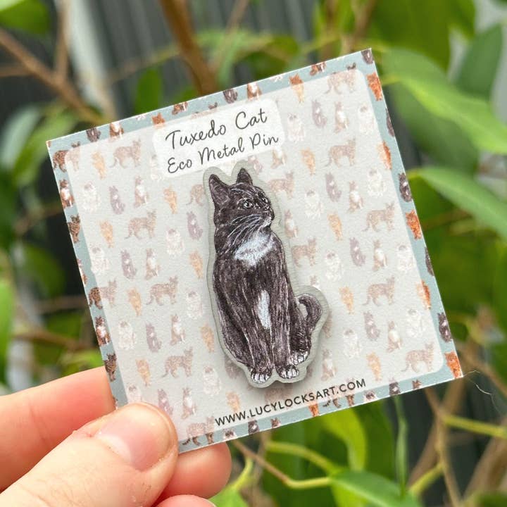 Tuxedo Cat Eco Metal Pin for wholesale by Lucy Locks Art