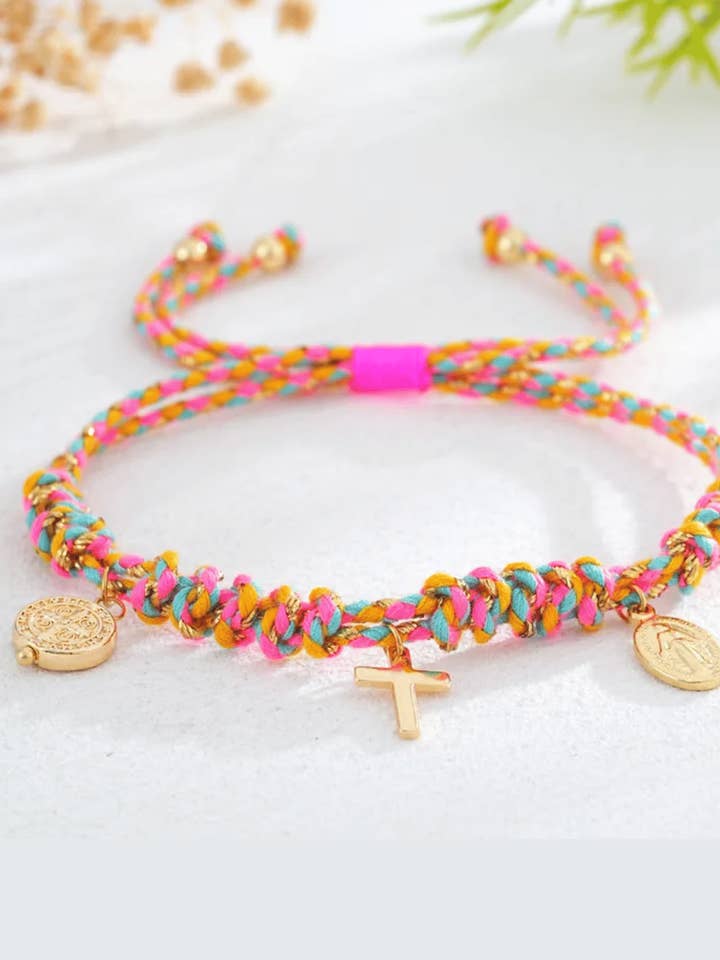 Easter Gold Cross Charm Braded Bracelet(Hot Pink)-W for wholesale by Swaary