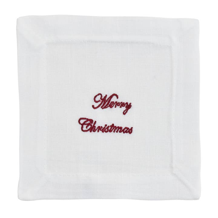 Fennco Styles - Wholesale Dinner & Cloth Napkin - Holiday Embroidery Design White 6" Coaster Napkin0