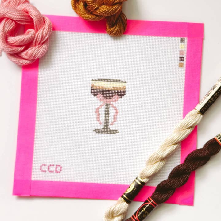 Cotswold Co Designs - Wholesale Embroidery/Cross Stitch Supplies - Hand Painted Espresso Martini 2” Needepoint Canvas 18 Mesh Coquette Needlepoint Canvas Cocktail Hand Painted1