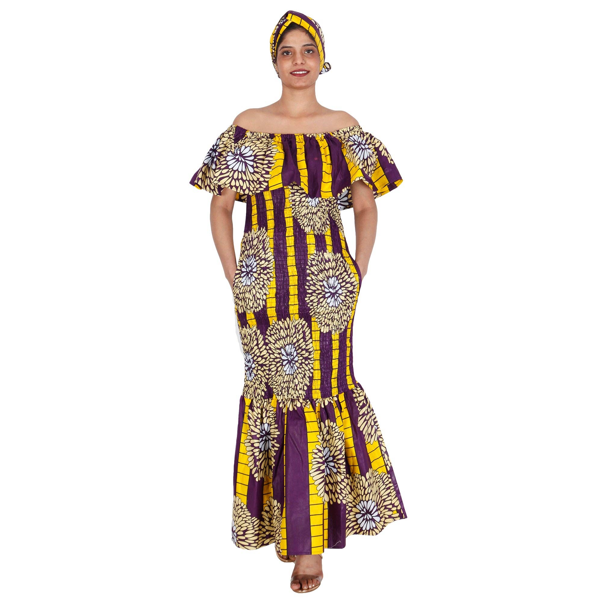 African Stars - Wholesale Dress - Women's - Women's Printed Smocking Off Shoulder Mermaid Dress - FI-P5007716