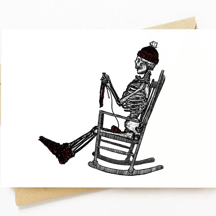Tarjeta de felicitación de 5 x 7 pulgadas con un esqueleto tejiendo en su silla para venta al por mayor de Bellavance Ink