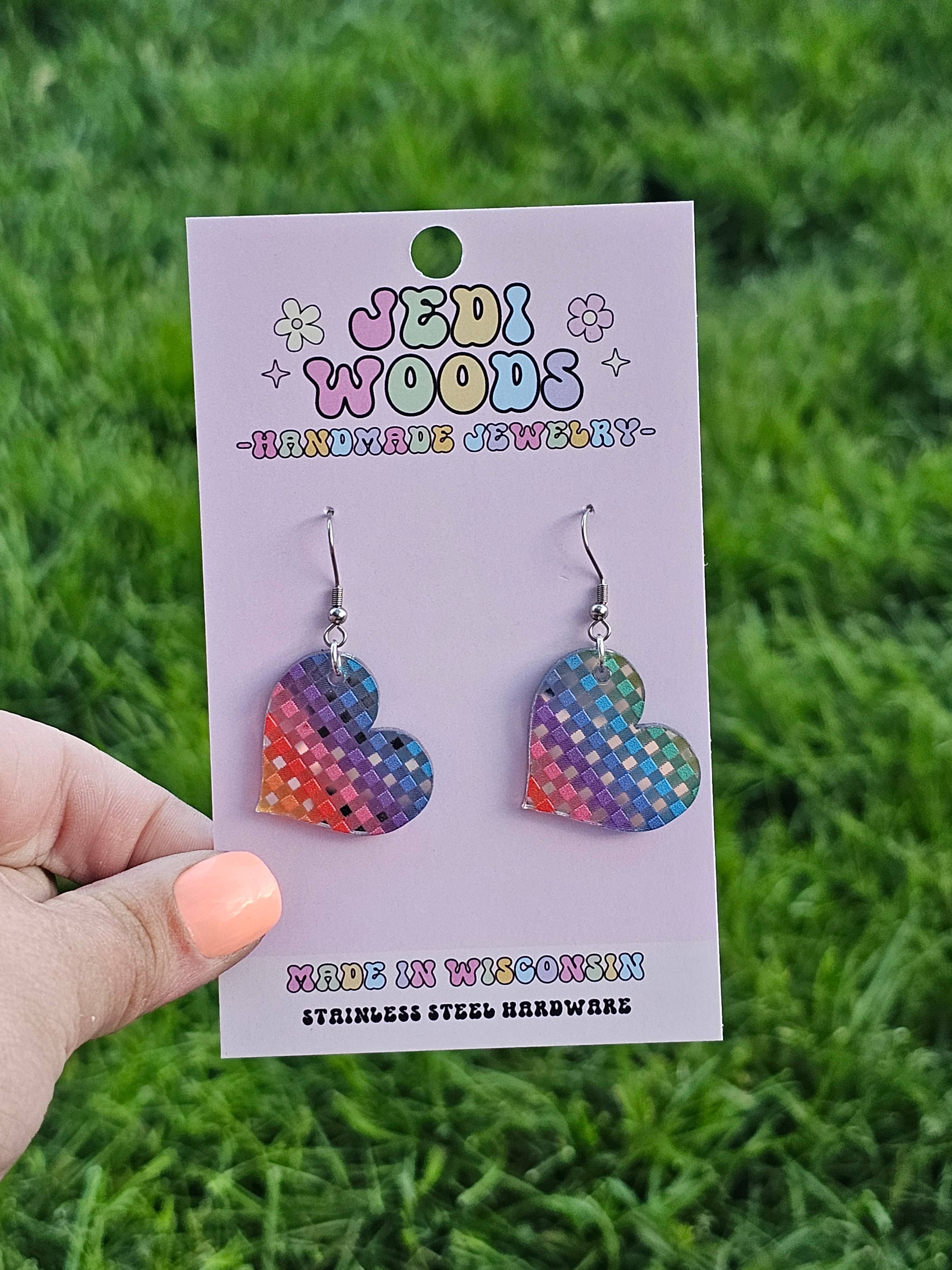Jedi Woods LLC - Wholesale Dangle Earrings - Rainbow Plaid Heart Earrings on Silver Mirror Acrylic4