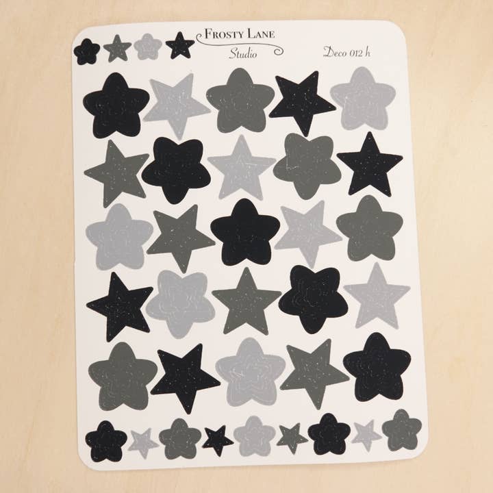Deco012.h.Svart Grå Stjärna Kontur Klistermärksark för wholesale av Frosty Lane Studio LLC