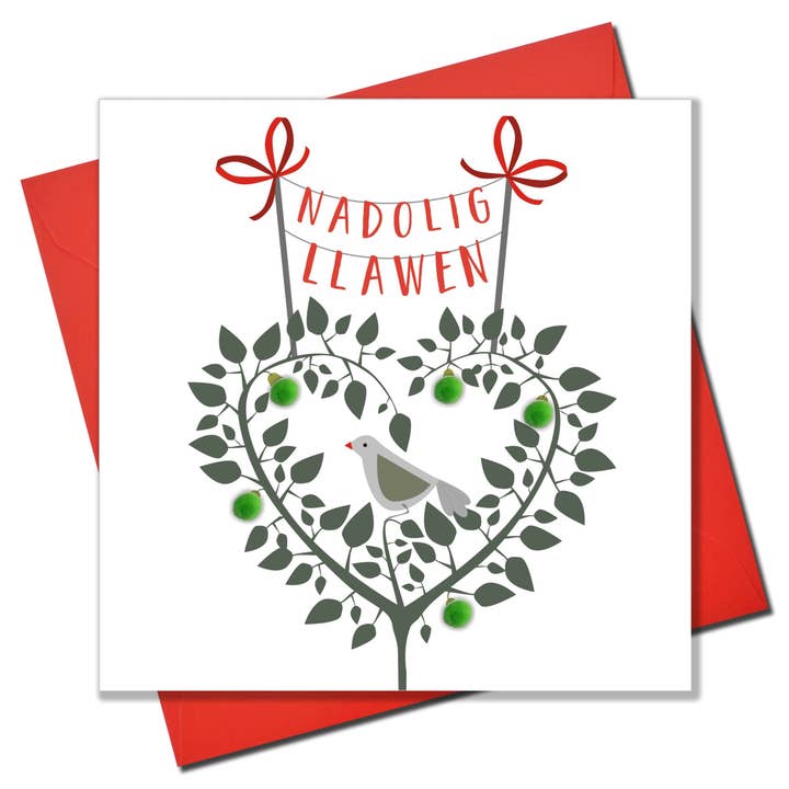 Walisische Weihnachtskarte Nadolig Llawen, Rebhuhn im Birnbaum, Pompon, verziert für den Großhandel von Claire Giles Ltd