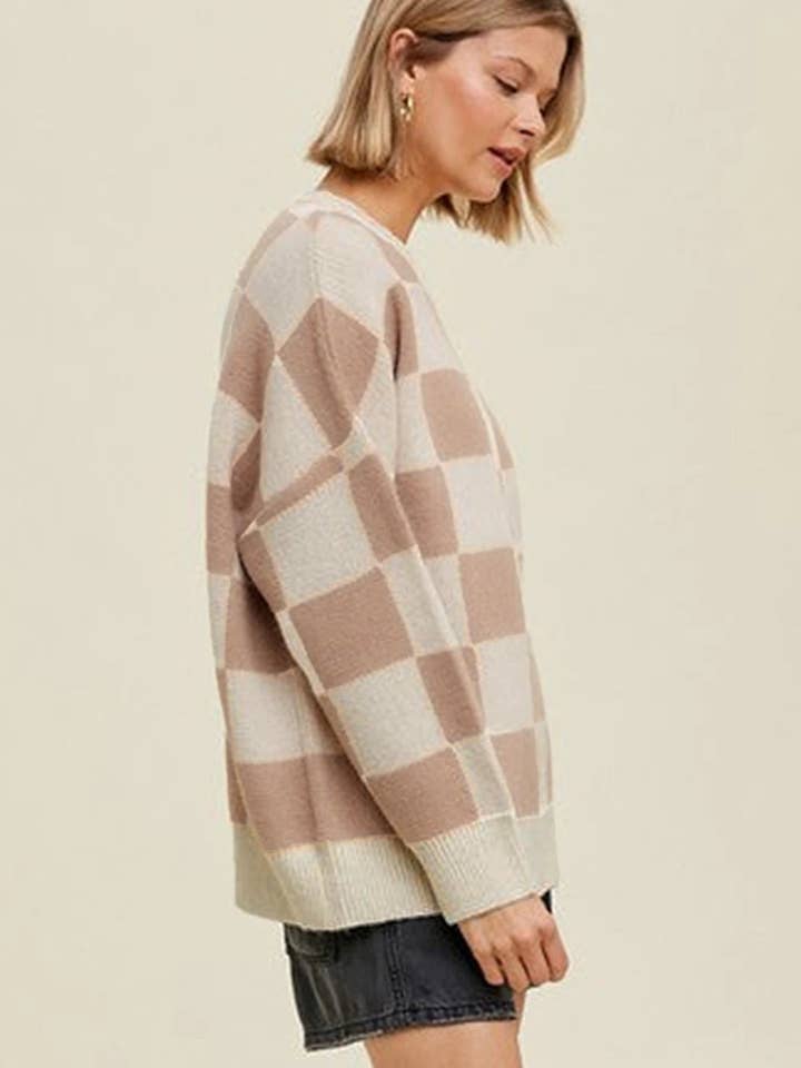 Lovesoft - Wholesale Knit Sweater - Women's - Parchment Checkered Pattern Ribbed Trim Knit Baggy Sweater2
