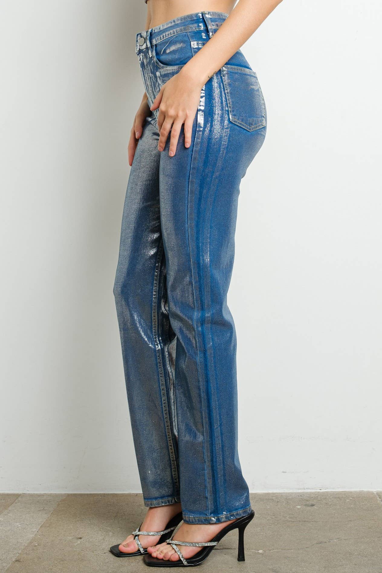 Wholesale IP2978 High Rise Metallic Foil Stretch Denim Pants for