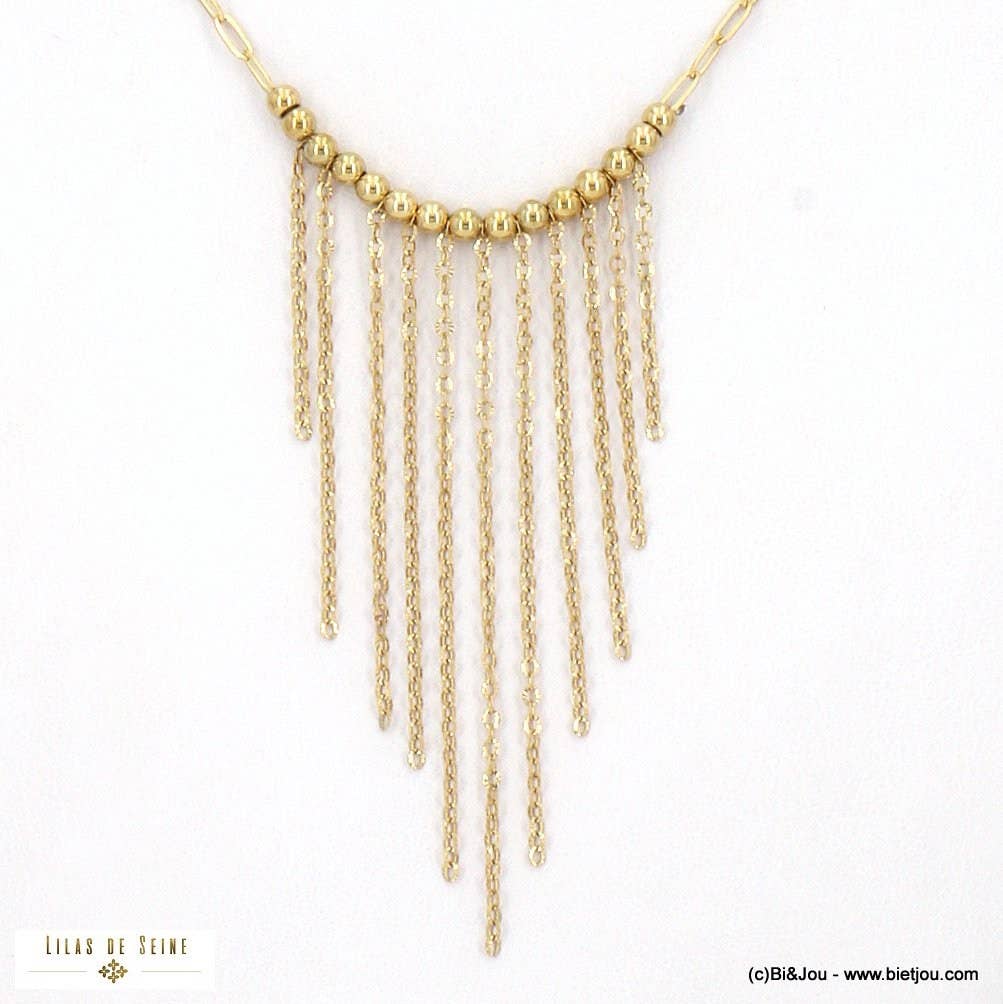 Lilas de Seine - Wholesale Bib Necklace - Stainless steel necklace, chains, fringes and balls 01225342