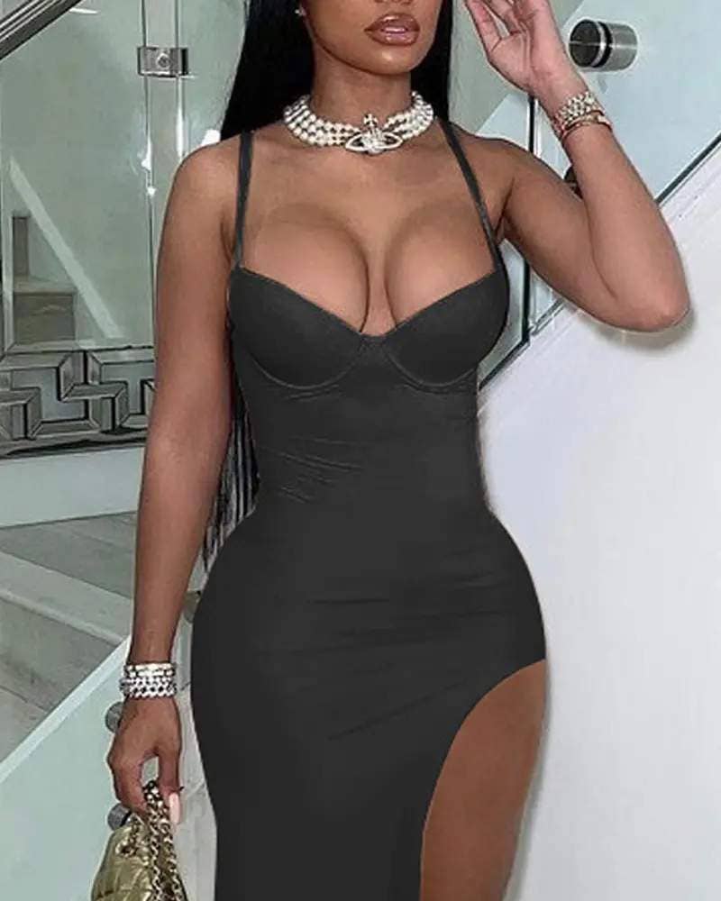 Fashion Combination – Vestido - Mulher por atacado – Vestido de fenda alta com alça espaguete9