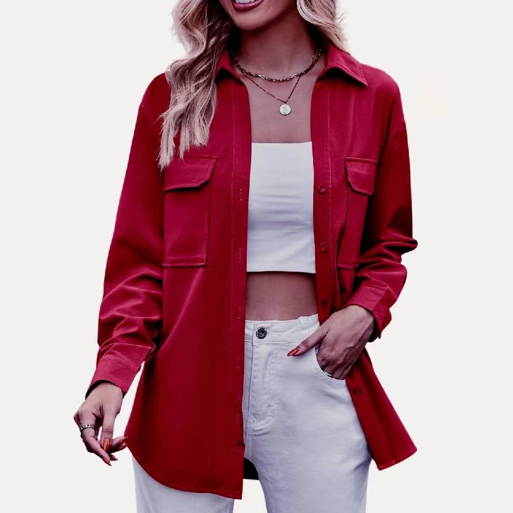 The Moment Collection – Engroshandel Skjorte med buttondown – til kvinder – Tekstureret Ensfarvet Halsudskæring Knap-Down Langærmet Top4