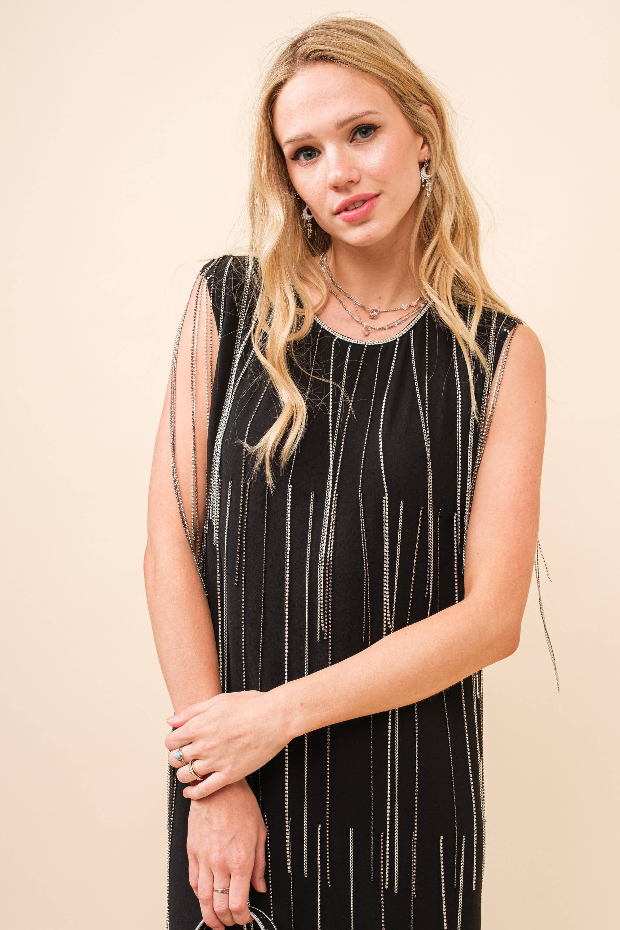 BLACK 22973D - Chain Rhinestone Fringe Shift Mni Dress for wholesale on Faire1