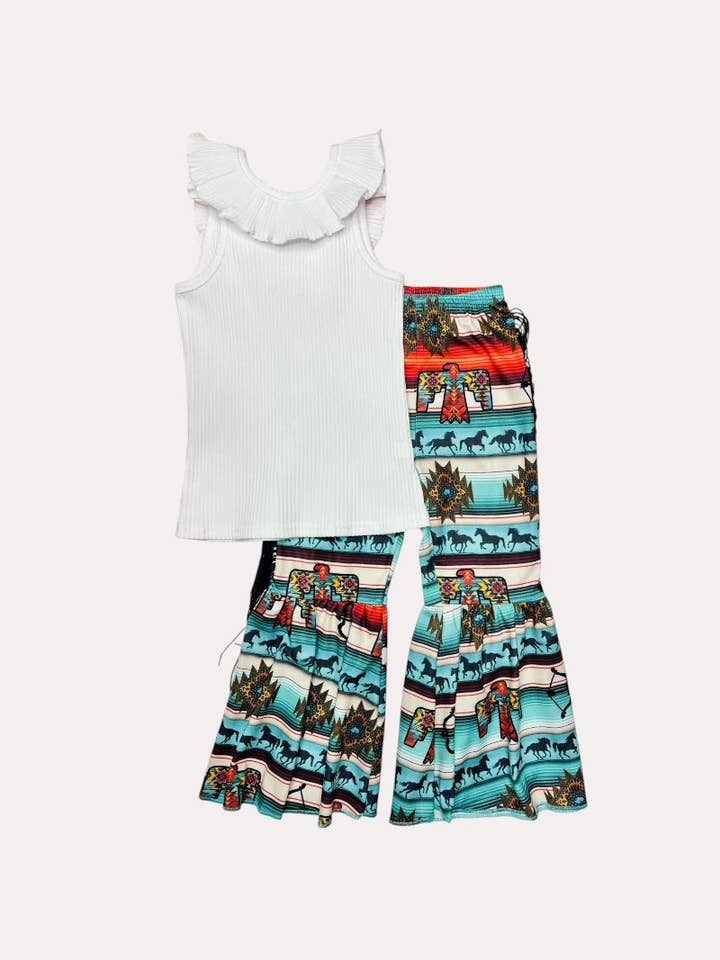 luluclothes - Wholesale Pants - Kids - Multicolor Aztec print bell bottoms girls pants w/fringe