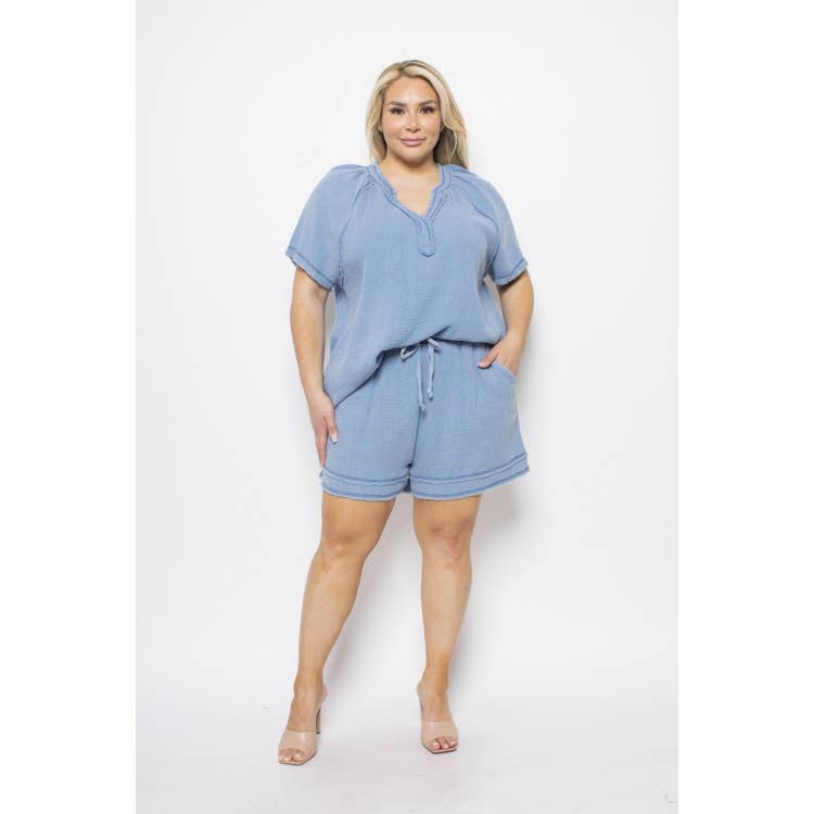 Curve Market - Wholesale Lounge Set - Women's - PLUS SIZE GAUZE MINERAL WASH SHORT SLEEVE V NECK TOP AND ELA0
