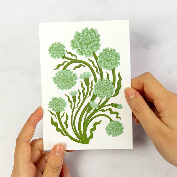 Green Carnation Botanical Greetings Card for wholesale by Maz Leyden