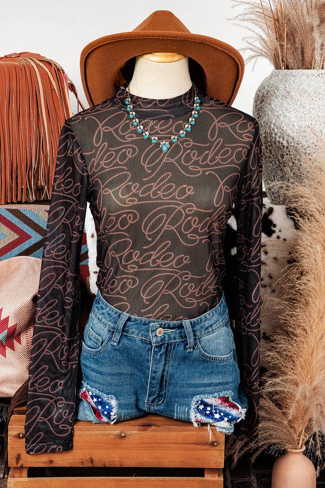 AS SHOWN Western Rodeo Mock Neck Long Sleeve Mesh Top for wholesale on Faire2