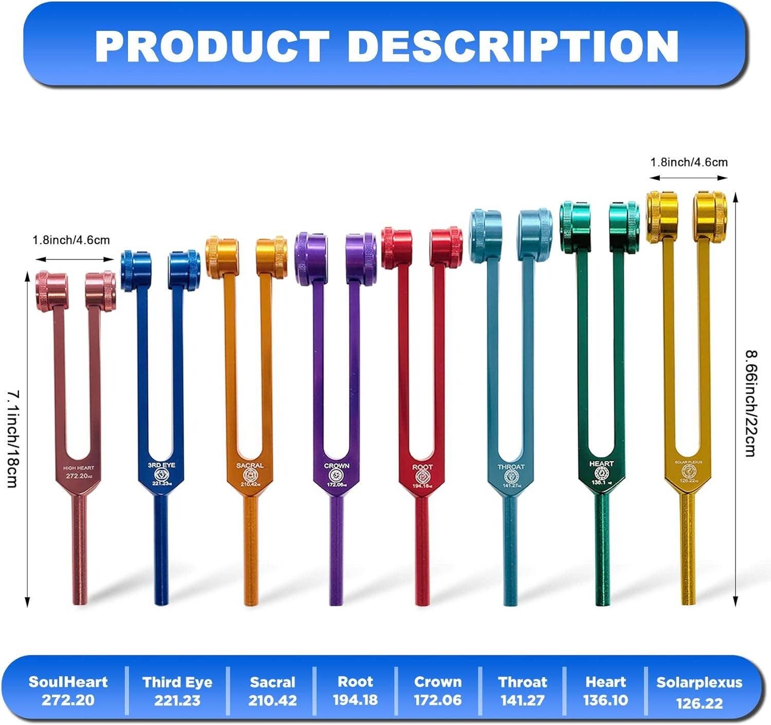 VIGOR – wholesale Meditation supplies – Chakra Tuning Fork Set for Healing, 7 Chakra and 1 Soul Purpose Weighted Colorful Solfeggio Tuning Forks, Aluminum Alloy With Rubber Mallet, Wrench, Cleaning Cloth And Exquisite Aluminum Box.(10 Pack)6