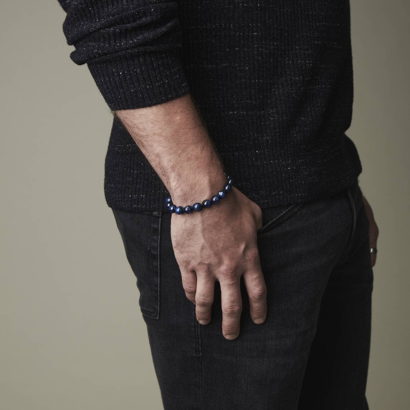 Bhoma - Mens Designer Jewelry - Wholesale Beaded Bracelet - Mens Dark Blue Stone Beaded Bracelet in Kyanite, Adjustable Size3