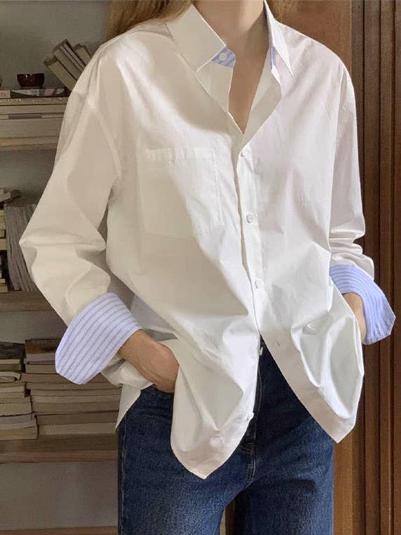 HIDDENBRAND - Wholesale Button Down Shirt - Women's - Vintage Contrasting Stripe Panel Shirt2