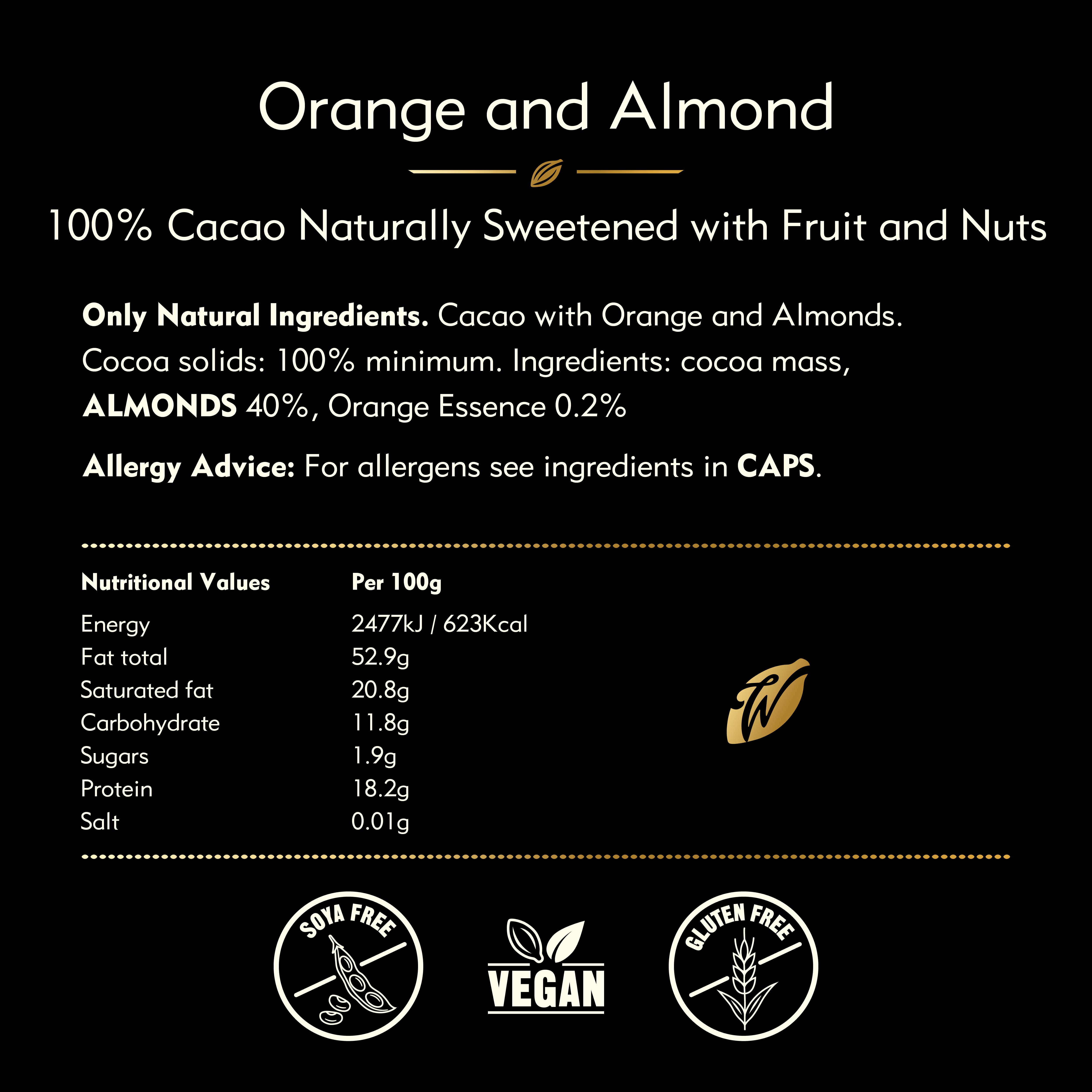 Willie's Cacao – wholesale Chocolate bar – Orange & Almond. 100% cacao. No Added Sugar. Vegan. 50g bar4