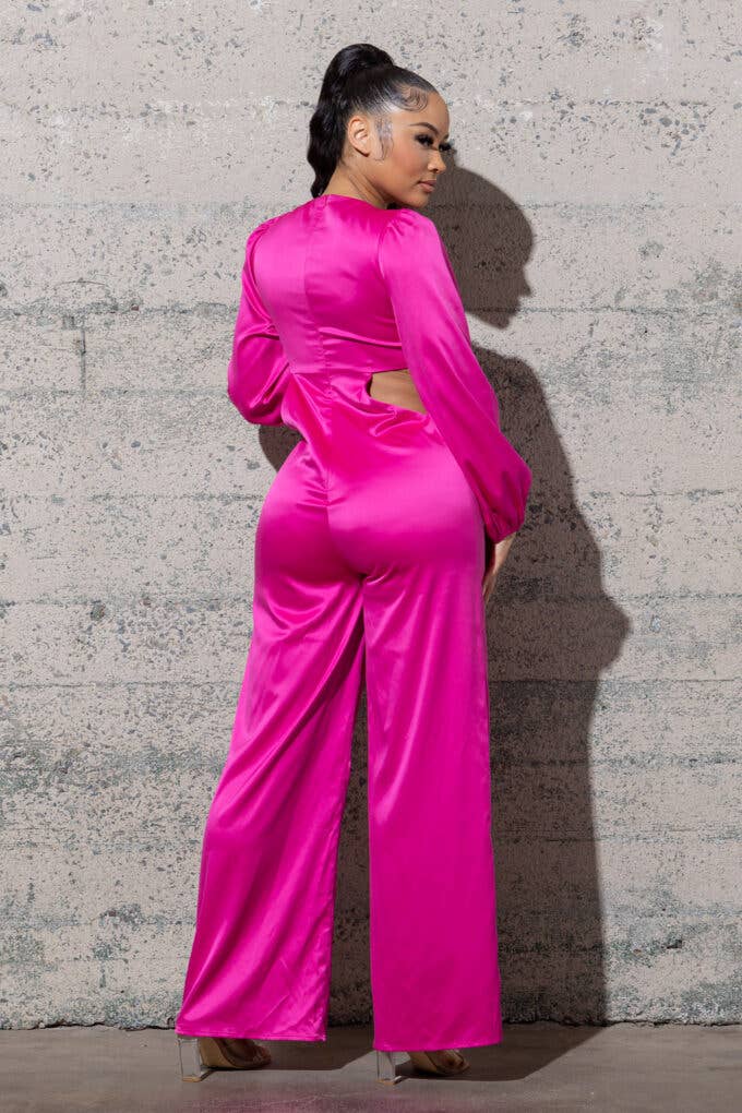 Melrose with Love - Wholesale Jumpsuit - Women's - STRETCHY SATIN JUMPSUIT WITH LONG PUFFY SLEEVES2