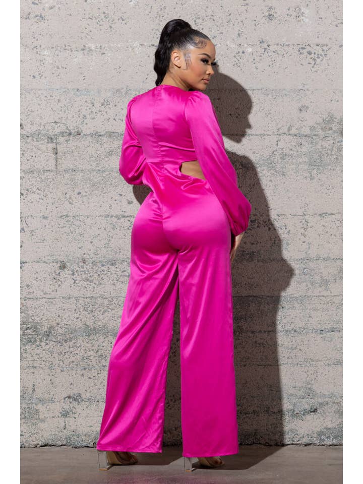 Melrose with Love - Wholesale Jumpsuit - Women's - STRETCHY SATIN JUMPSUIT WITH LONG PUFFY SLEEVES2