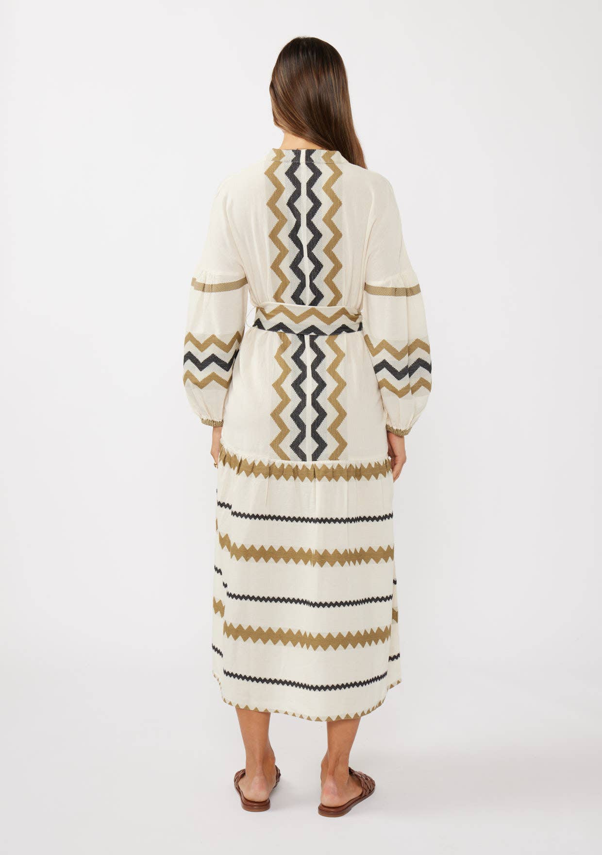 Naturel/Kaki Robe maxi à manches blouson à étages avec ceinture à la taille en vente sur Faire2