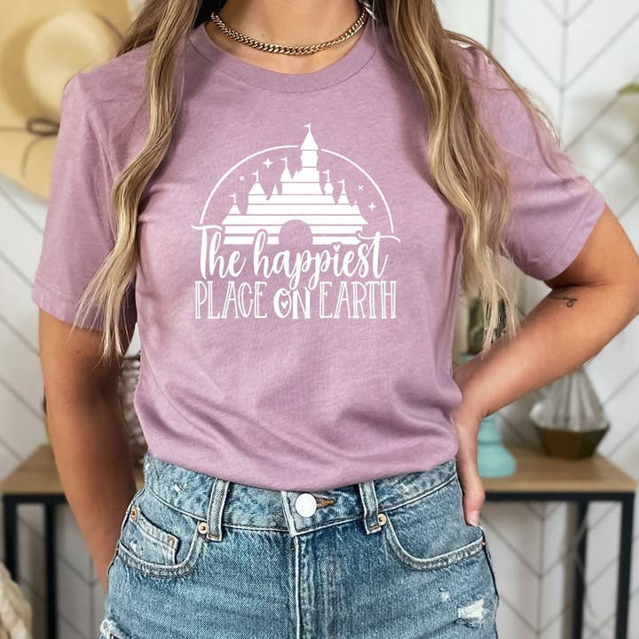 Happiest Place on Earth Castle Orchid Tee White Ink for wholesale by Simply Tees