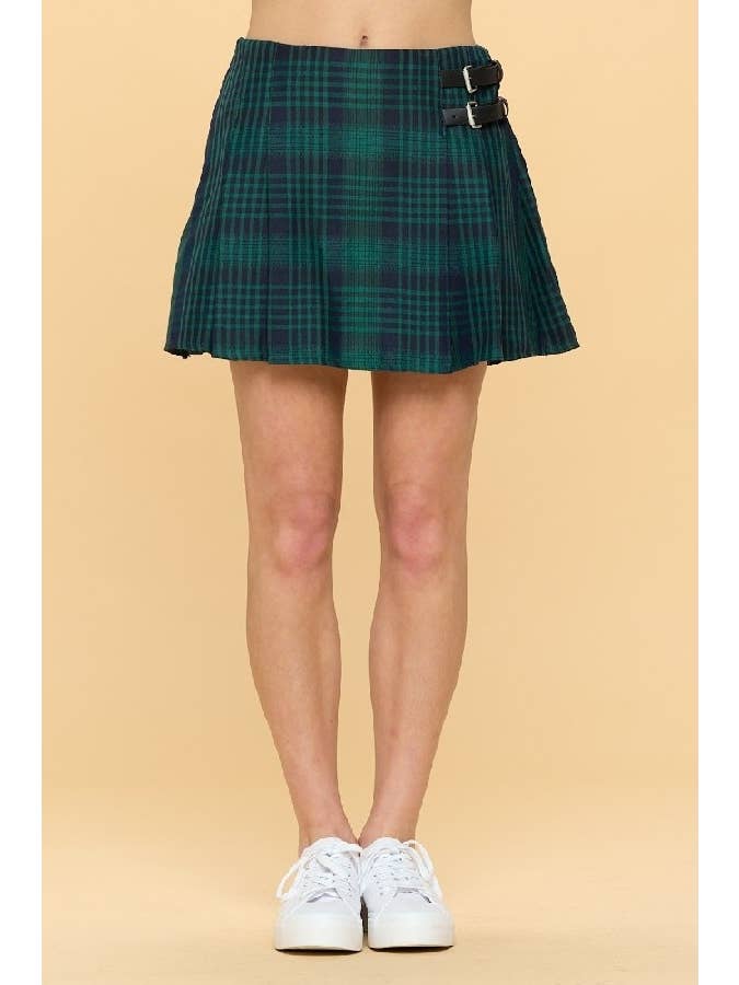 Green Double Buckle Pleated Plaid Mini Skirt for wholesale on Faire