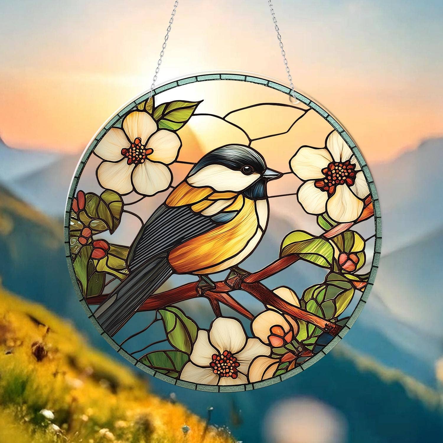 NVC Ecommerce LLC – wholesale Suncatcher – Chickadee Stained Glass Suncatcher, Bird Window Hanging1
