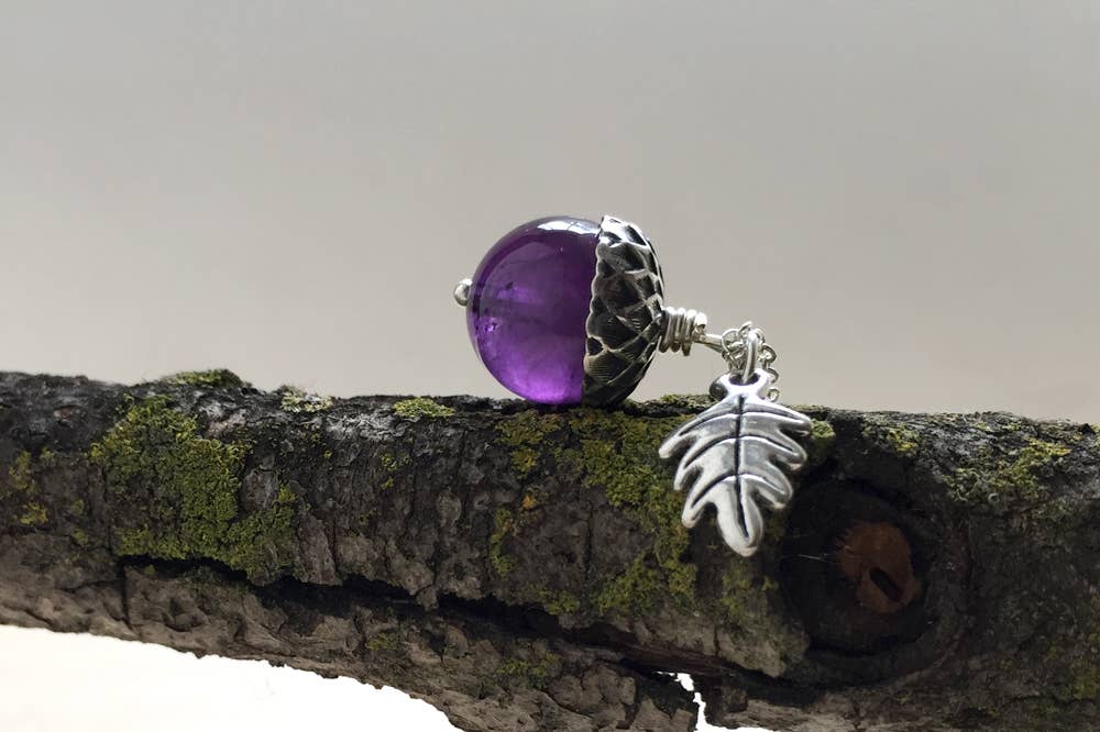 Enchanted Leaves - Wholesale Pendant/Charm Necklace - 18" Amethyst and Silver Acorn Necklace8