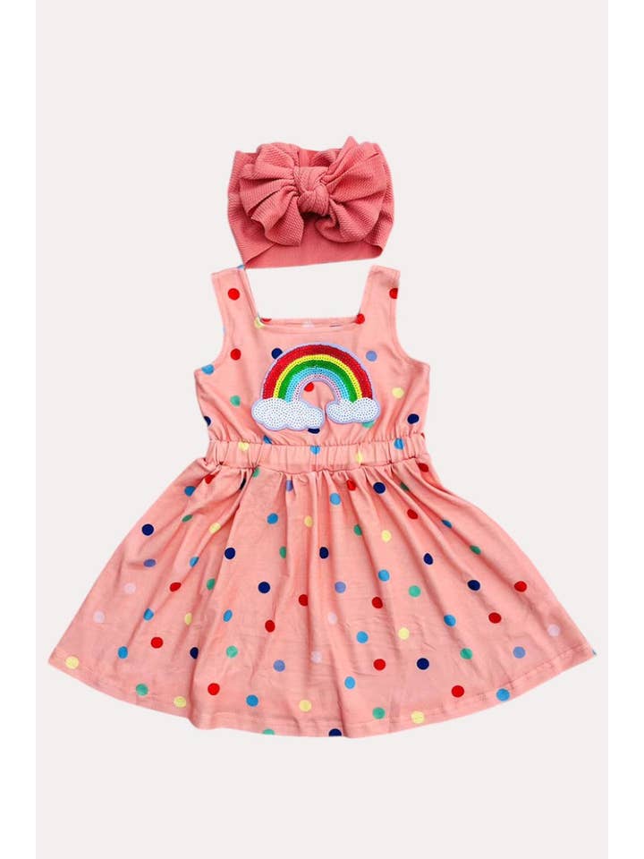 luluclothes - Wholesale Dress - Kids - Sequin rainbow & polka dot printed pink girls dress