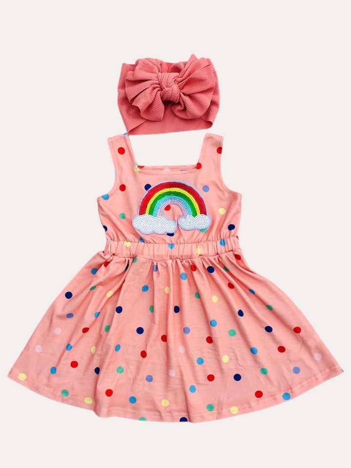 Sequin rainbow & polka dot printed pink girls dress for wholesale by luluclothes