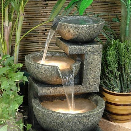 Hi-Line Gift Ltd. - Wholesale Outdoor ornament/decor - 3 Bowl Fountain W/2 Warm White Leds0