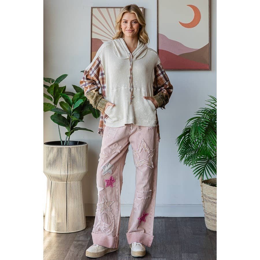 Oli&Hali – wholesale Hoodie - Dam – TVÄTTAD TYGBLANDAD HUVTRÖJA MED RUTIGT MÖNSTER12