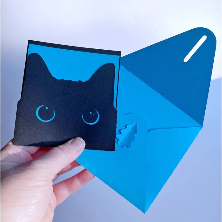 Paper Cut Card and Matching Envelope Peeking Kitty Cat for wholesale by Squirrel Tacos Papercuts