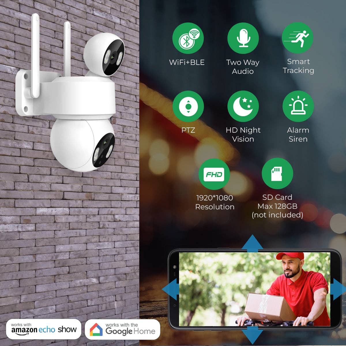 ENER-J - Wholesale Outdoor/Lawn Light - Smart Wi-Fi Dual Lens Outdoor Dome IP Camera IP654