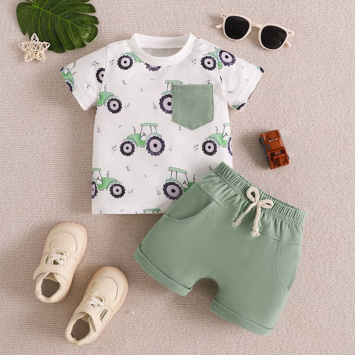 white 9M-4Y Toddler Boys Cartoon Car Print T-Shirt Shorts Set Wholesale Boys Clothes V3824042400159 for wholesale on Faire