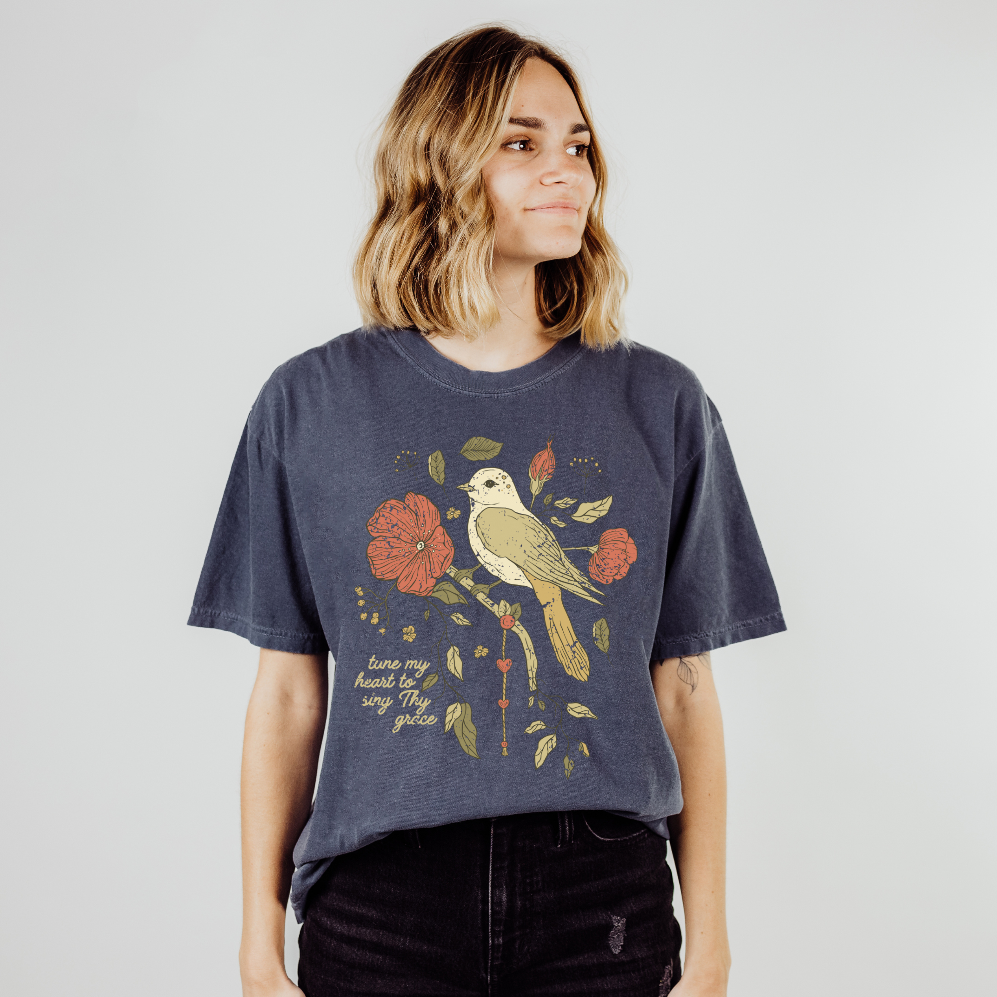 Scripted Pearl - Wholesale T-Shirt (Graphic) - Women's - Tune My Heart with Bird Comfort Colors Christian Graphic Tee8